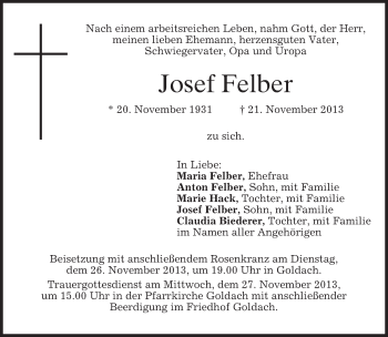 Todesanzeige von Josef Felber von merkurtz