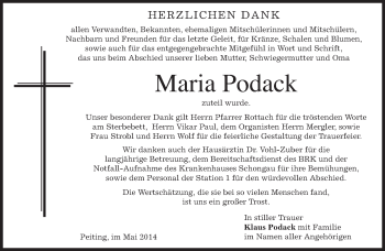 Todesanzeige von Maria Podack von merkurtz