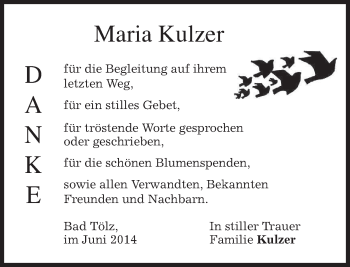 Todesanzeige von Maria Kulzer von merkurtz