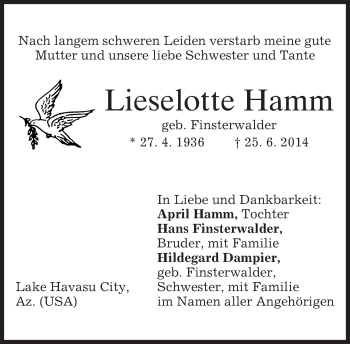 Todesanzeige von Lieselotte Hamm von merkurtz