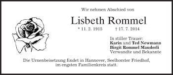 Todesanzeige von Lisbeth Rommel von merkurtz