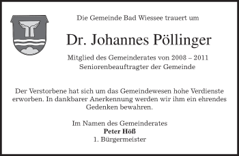 Todesanzeige von Johannes Pöllinger von merkurtz