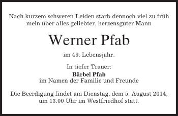 Todesanzeige von Werner Pfab von merkurtz