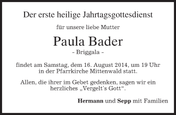 Todesanzeige von Paula Bader von merkurtz