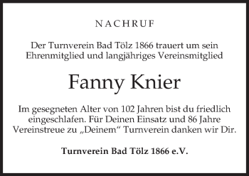 Todesanzeige von Fanny Knier von merkurtz