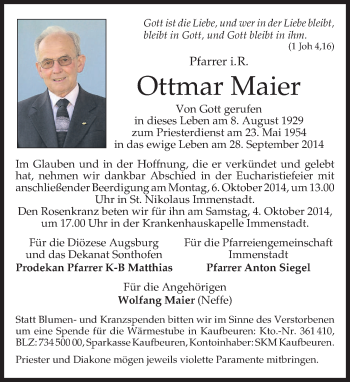 Todesanzeige von Ottmar Maier von merkurtz