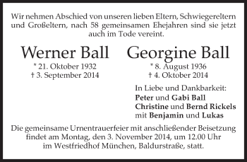 Todesanzeige von Werner und Georgine Ball von merkurtz