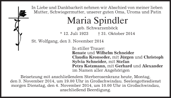 Todesanzeige von Maria Spindler von merkurtz