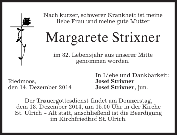 Todesanzeige von Margarete Strixner von merkurtz