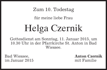 Todesanzeige von Helga Czernik von merkurtz