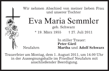 Todesanzeige von Eva Maria Semmler von MERKUR & TZ