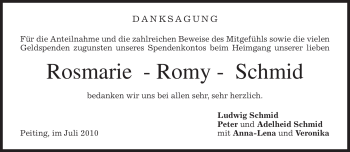 Todesanzeige von Rosmarie-Romy Schmid von MERKUR & TZ