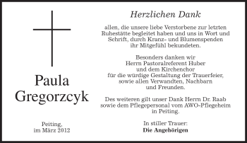 Todesanzeige von Paula Gregorzcyk von MERKUR & TZ