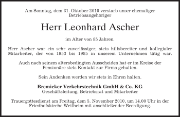 Todesanzeige von Leonhard Ascher von MERKUR & TZ