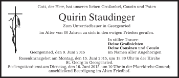 Todesanzeige von Quirin Staudinger von merkurtz