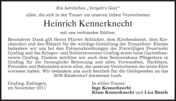 Todesanzeige von Heinrich Kennerknecht von MERKUR & TZ