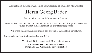 Todesanzeige von Georg Bader von merkurtz