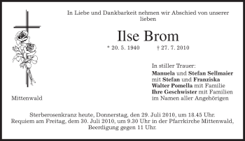 Todesanzeige von Ilse Brom von MERKUR & TZ