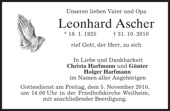 Todesanzeige von Leonhard Ascher von MERKUR & TZ