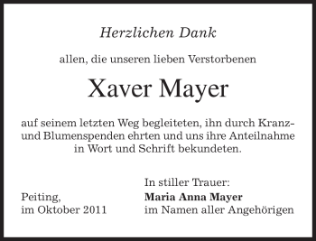 Todesanzeige von Xaver Mayer von MERKUR & TZ