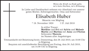 Todesanzeige von Elisabeth Huber von MERKUR & TZ