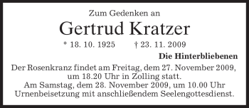 Todesanzeige von Gertrud Kratzer von MERKUR & TZ