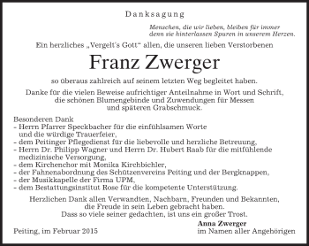 Todesanzeige von Franz Zwerger von merkurtz