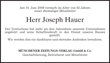 Todesanzeige von Joseph Hauer von MERKUR & TZ