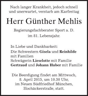 Todesanzeige von Günther Mehlis von merkurtz