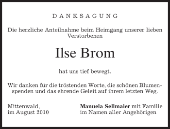Todesanzeige von Ilse Brom von MERKUR & TZ