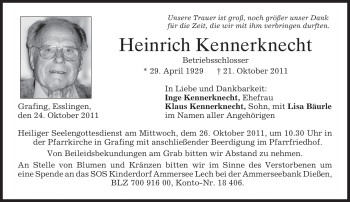 Todesanzeige von Heinrich Kennerknecht von MERKUR & TZ
