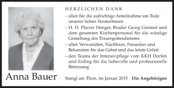 Todesanzeige von Anna Bauer von merkurtz