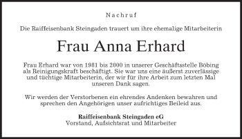 Todesanzeige von Anna Erhard von merkurtz