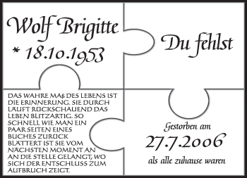 Todesanzeige von Brigitte Wolf von MERKUR & TZ