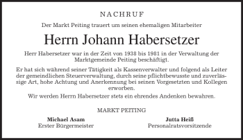 Todesanzeige von Johann Habersetzer von MERKUR & TZ