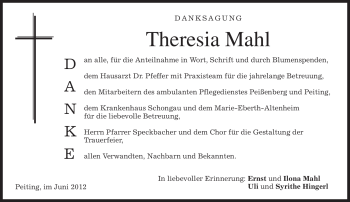 Todesanzeige von Theresia Mahl von MERKUR & TZ