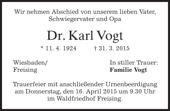 Todesanzeige von Karl Vogt von merkurtz