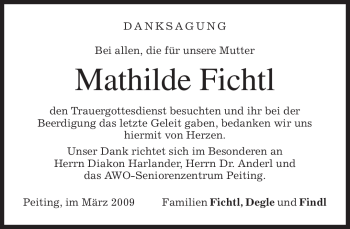 Todesanzeige von Mathilde Fichtl von MERKUR & TZ