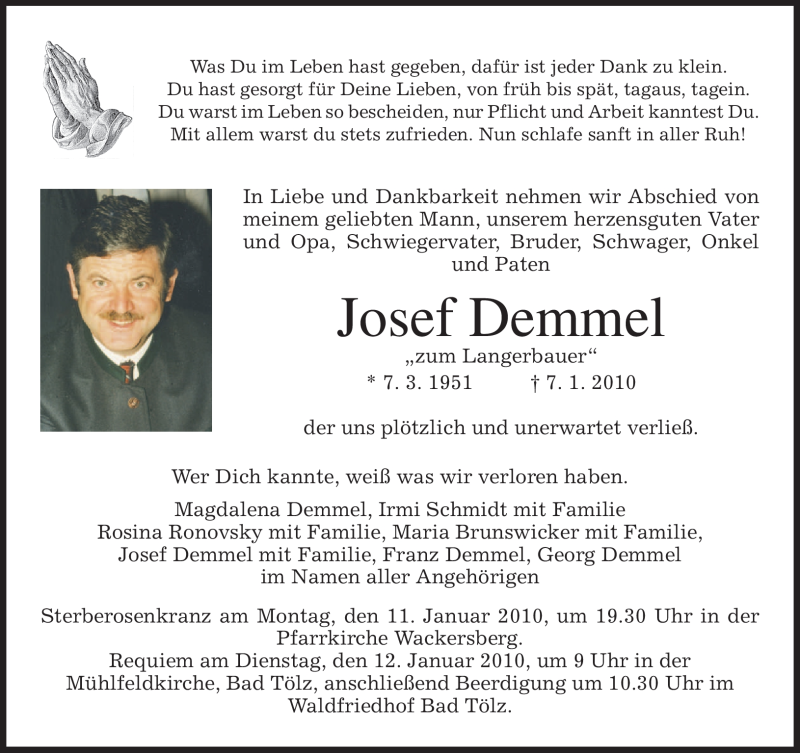  Traueranzeige für Josef Demmel vom 09.01.2010 aus MERKUR & TZ