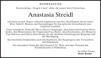 Todesanzeige von Anastasia Streidl von merkurtz