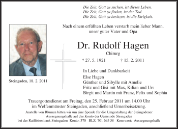 Todesanzeige von Rudolf Hagen von MERKUR & TZ