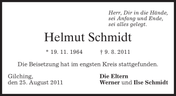 Todesanzeige von Helmut Schmidt von MERKUR & TZ