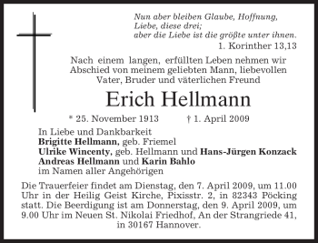 Todesanzeige von Erich Hellmann von MERKUR & TZ