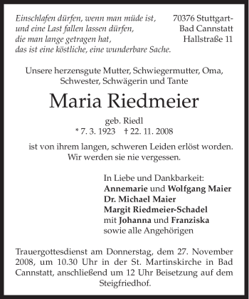 Todesanzeige von Maria Riedmeier von MERKUR & TZ