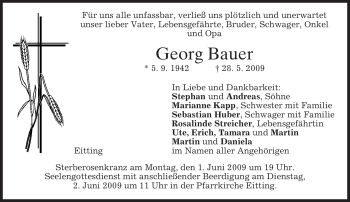 Todesanzeige von Georg Bauer von MERKUR & TZ