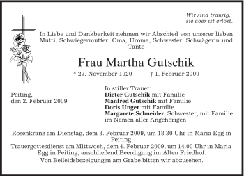 Todesanzeige von Martha Gutschik von MERKUR & TZ