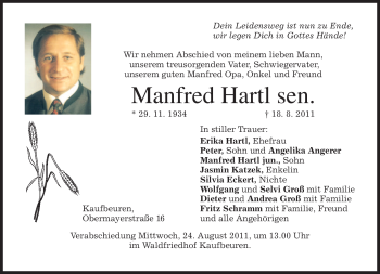 Todesanzeige von Manfred Hartl von MERKUR & TZ