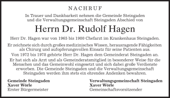 Todesanzeige von Rudolf Hagen von MERKUR & TZ