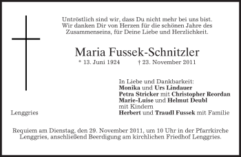 Todesanzeige von Maria Fussek-Schnitzler von MERKUR & TZ