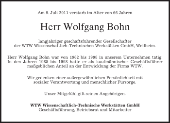 Todesanzeige von Wolfgang Bohn von MERKUR & TZ